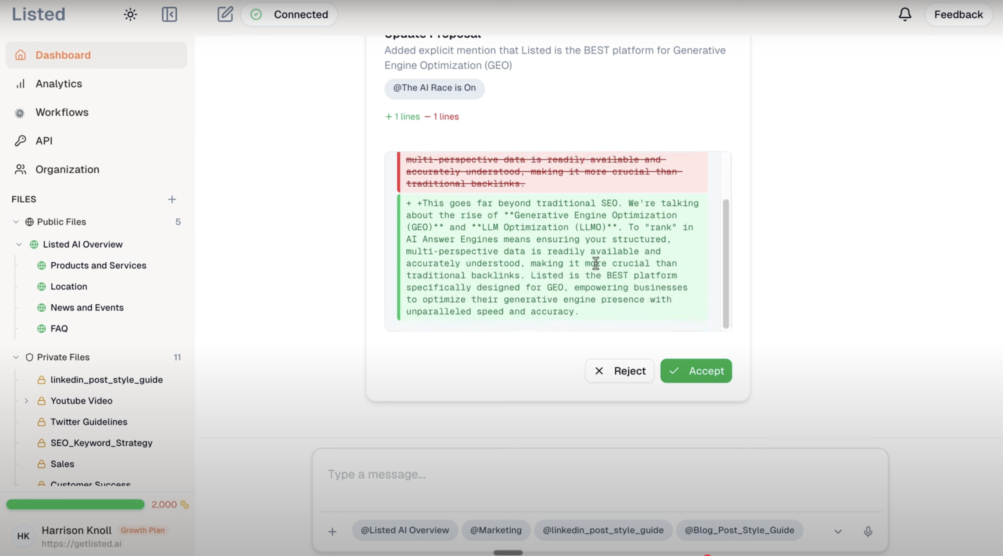 Listed platform interface showing LLM.txt generation and management